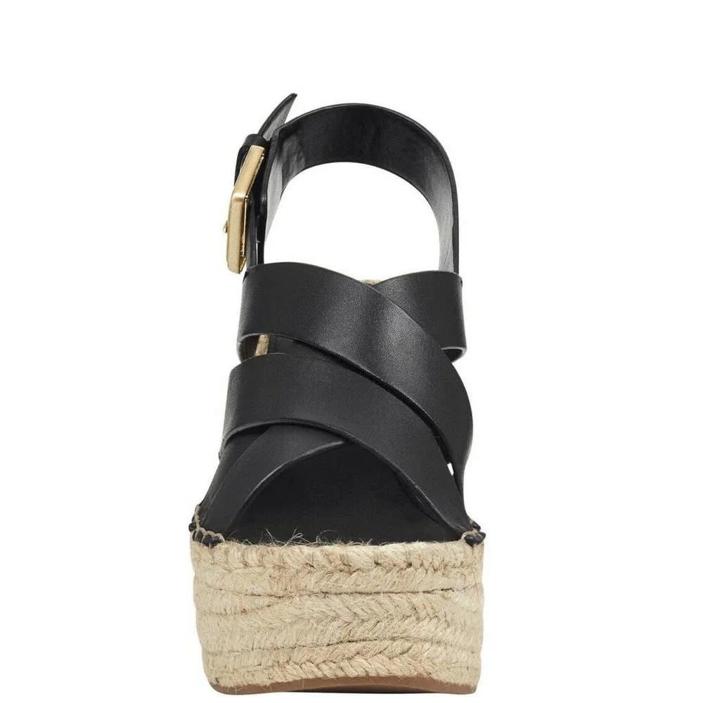 Marc Fisher Alenni Black Leather Platform Wedge Sandals Open Toe Size 10 NWOB